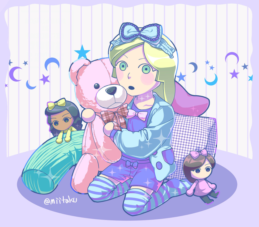1girl, absurdres, black_hair, blonde_hair, blue_jacket, blue_shorts, blue_thighhighs, blush_stickers