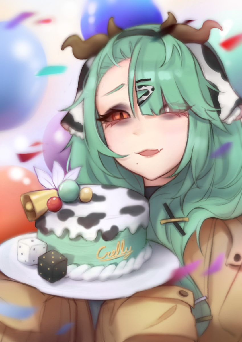 1girl, absurdres, animal_ears, animal_print, balloon, brown_coat, cake, coat