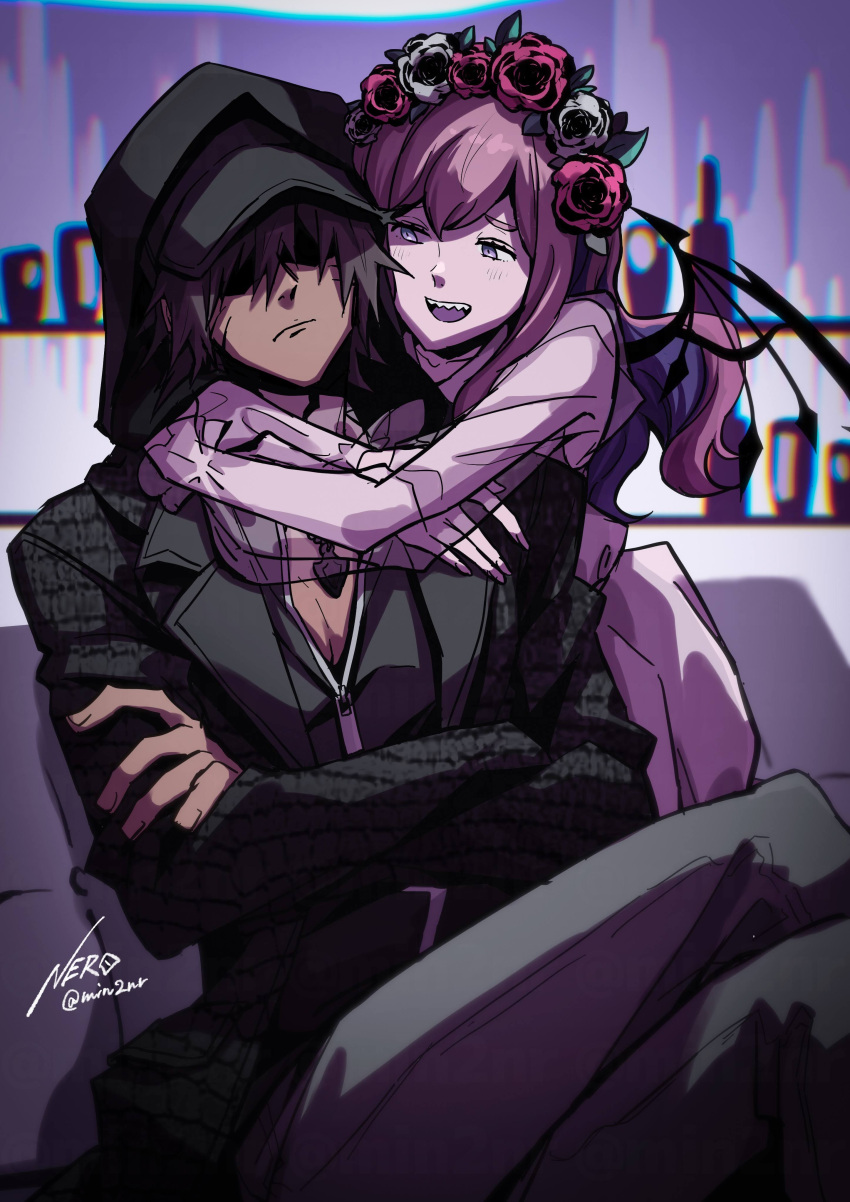 1boy, 1girl, absurdres, artist_name, atarashi_coco, bar_(place), black_hat, black_hoodie
