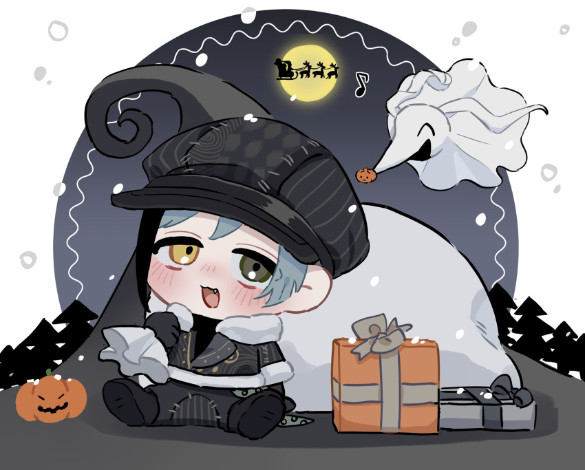 1boy, black_background, blue_hair, box, chibi, christmas, christmas_present, commentary_request
