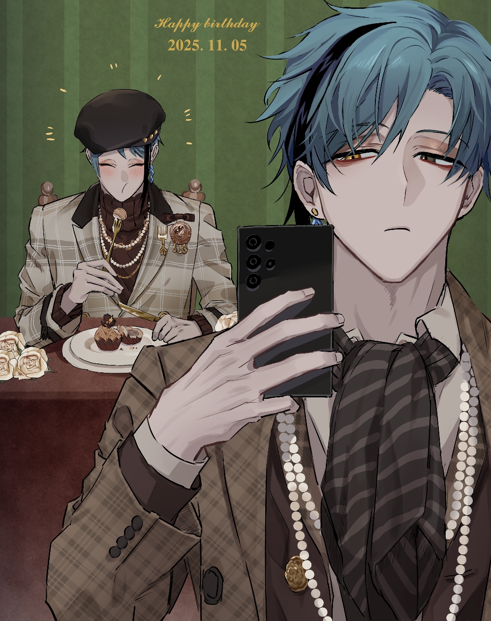 beret, birthday, blue_hair, brothers, brown_coat, cellphone, coat, commentary_request