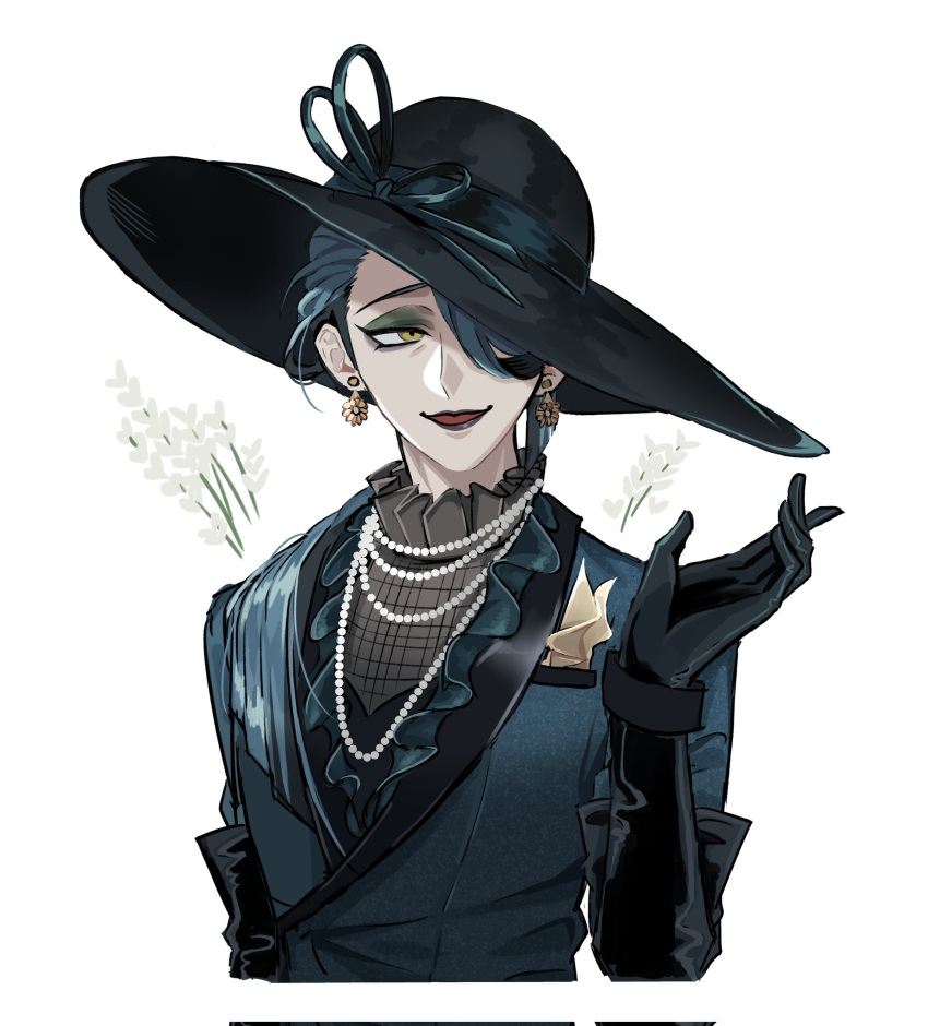 1girl, black_gloves, blue_coat, blue_hair, coat, commentary_request, eyeshadow, frilled_shirt_collar