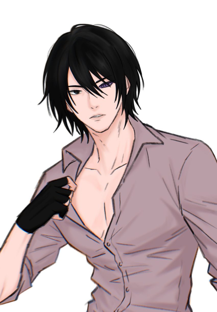 1boy, black_gloves, black_hair, chococurrent, chromatic_aberration, collared_shirt, commentary, fingerless_gloves