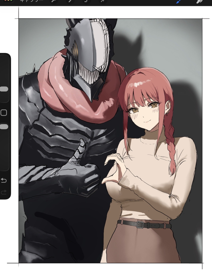 1boy, 1girl, anteiru, blush, breasts, chainsaw, chainsaw_devil, chainsaw_man