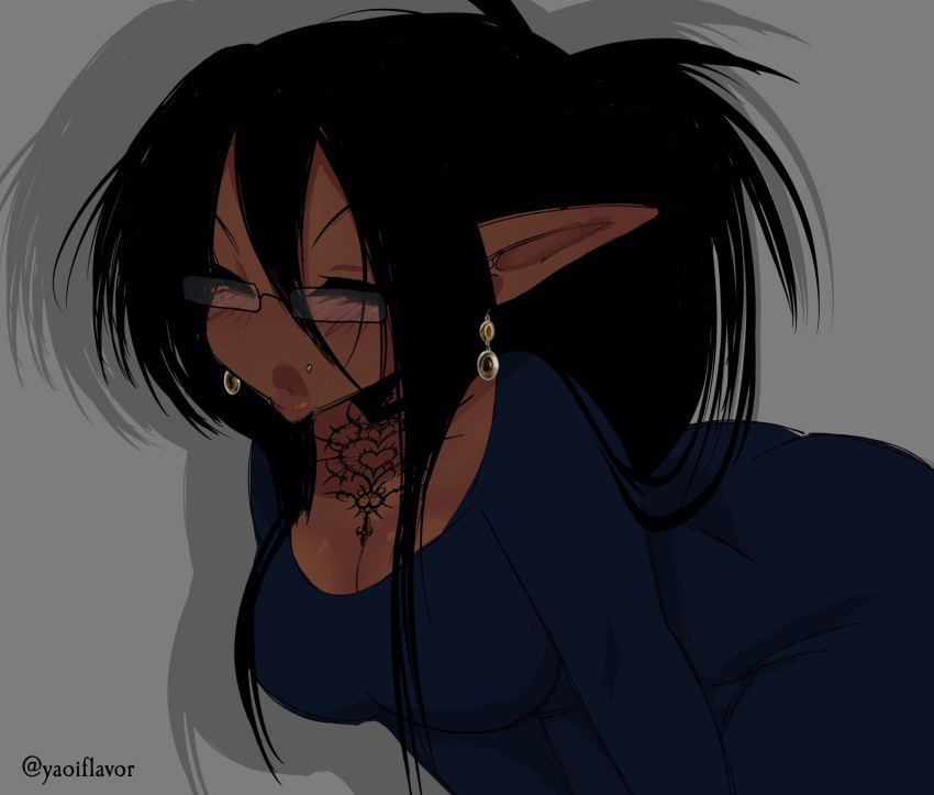 1boy, big_lips, black_hair, chest_tattoo, dark-skinned_female, dark_skin, earrings, eyelashes