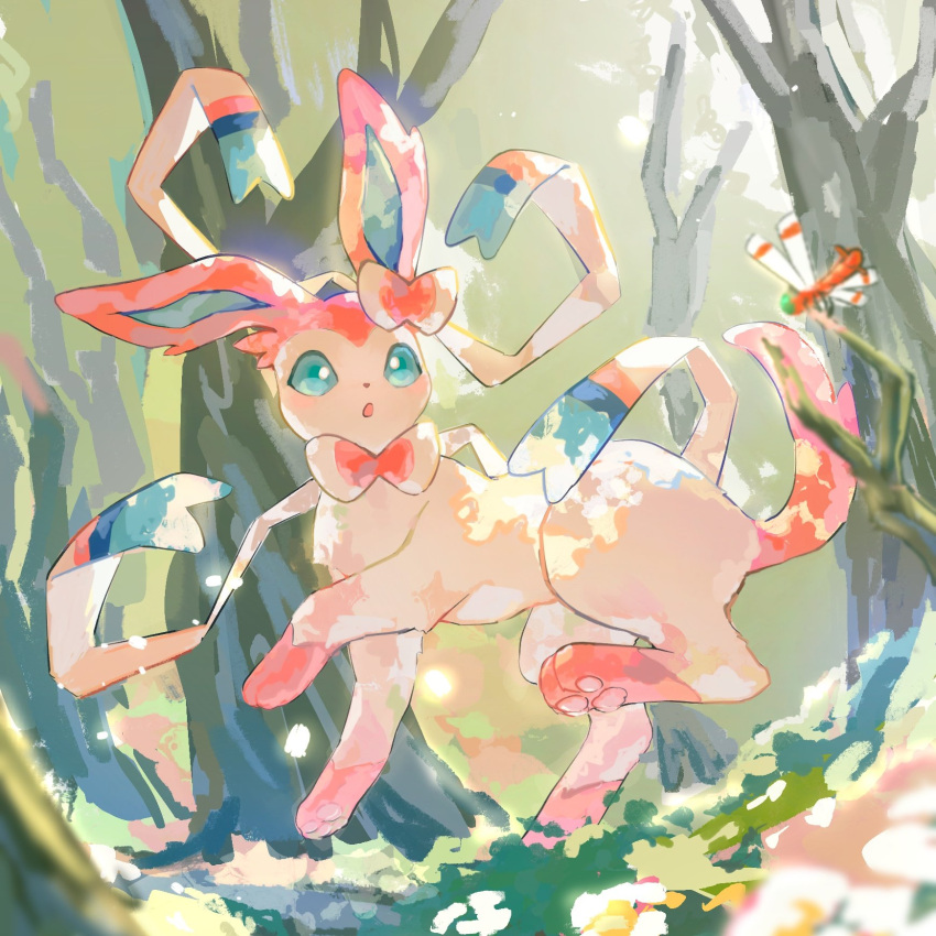 :o, animal_focus, blue_eyes, bow, commentary_request, flower, full_body, highres, iamsphenodon, looking_at_viewer, no_humans, open_mouth, outdoors, pawpads, pink_fur, pokemon, pokemon_(creature), pokemon_focus, ribbon, simple_background, solo_focus, standing, sylveon, two-tone_fur, white_flower, white_fur, yanma