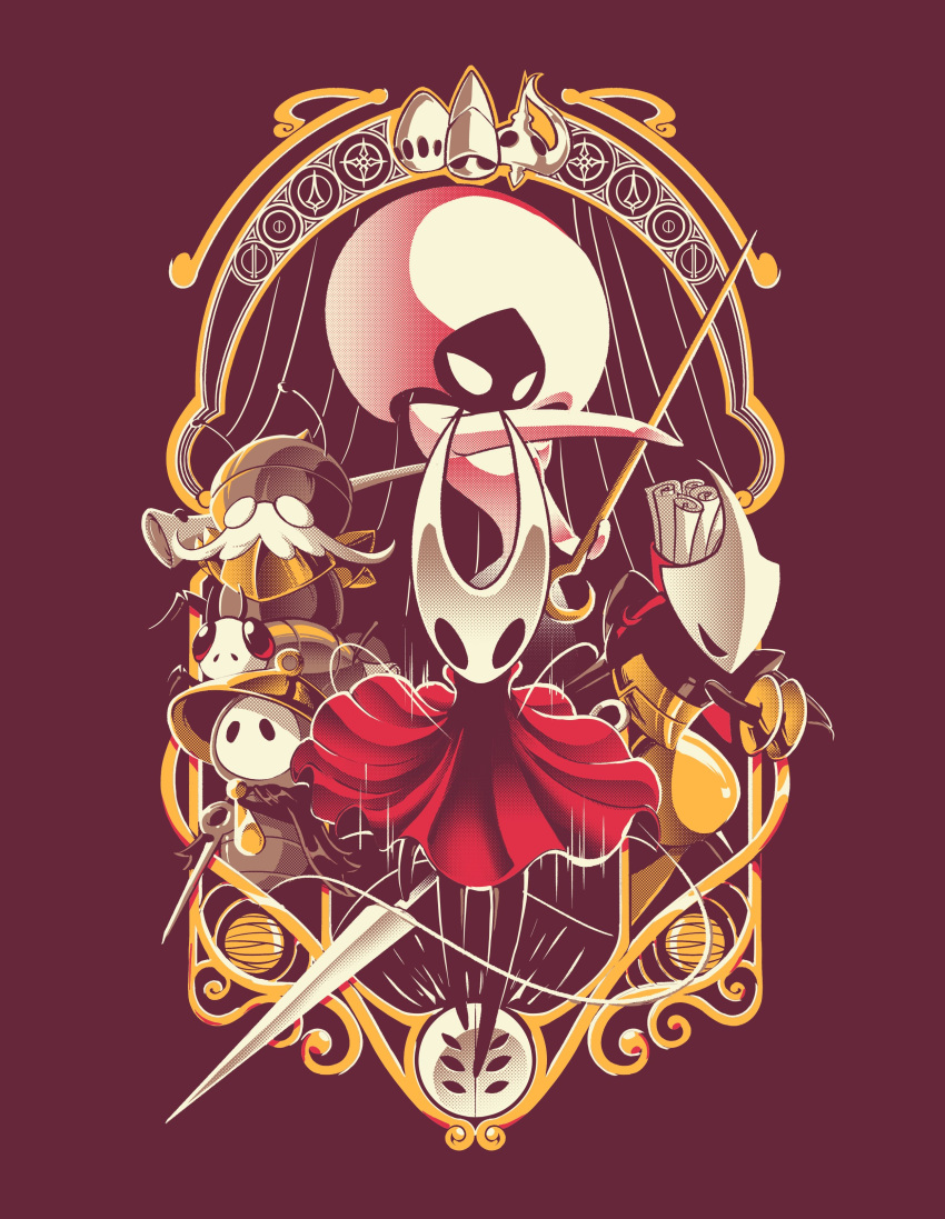 1girl, absurdres, arthropod_boy, arthropod_girl, bee, blank_eyes, bug, cloak, crown, facial_hair, garmond_(hollow_knight), gazo1a, highres, holding, holding_sword, holding_weapon, hollow_eyes, hollow_knight, hollow_knight:_silksong, hornet_(hollow_knight), lace_(hollow_knight), nail_(hollow_knight), needle, no_humans, polearm, puppet, puppet_strings, rapier, red_background, red_cloak, shakra_(hollow_knight), sherma_(hollow_knight), silk, simple_background, spider, spider_web, string, sword, thread, weapon, white_mask, zaza_(hollow_knight)