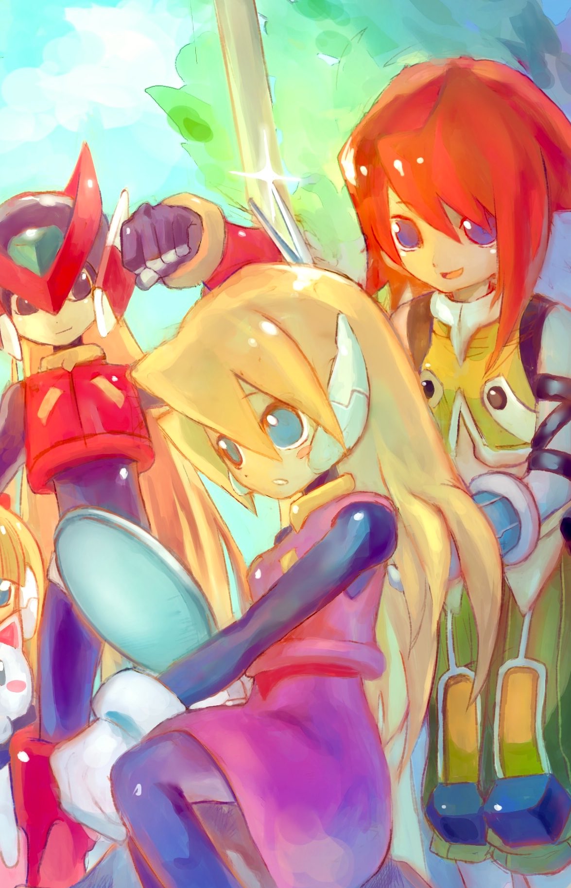 1boy, 2girls, 3boys, alouette_(mega_man), armor, bare_shoulders, black_eyes, blonde_hair