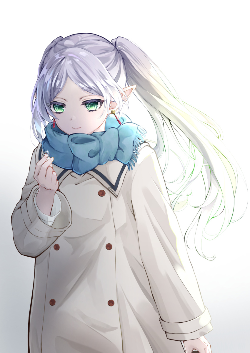 1girl, blue_scarf, closed_mouth, commentary, earrings, elf, frieren, green_eyes
