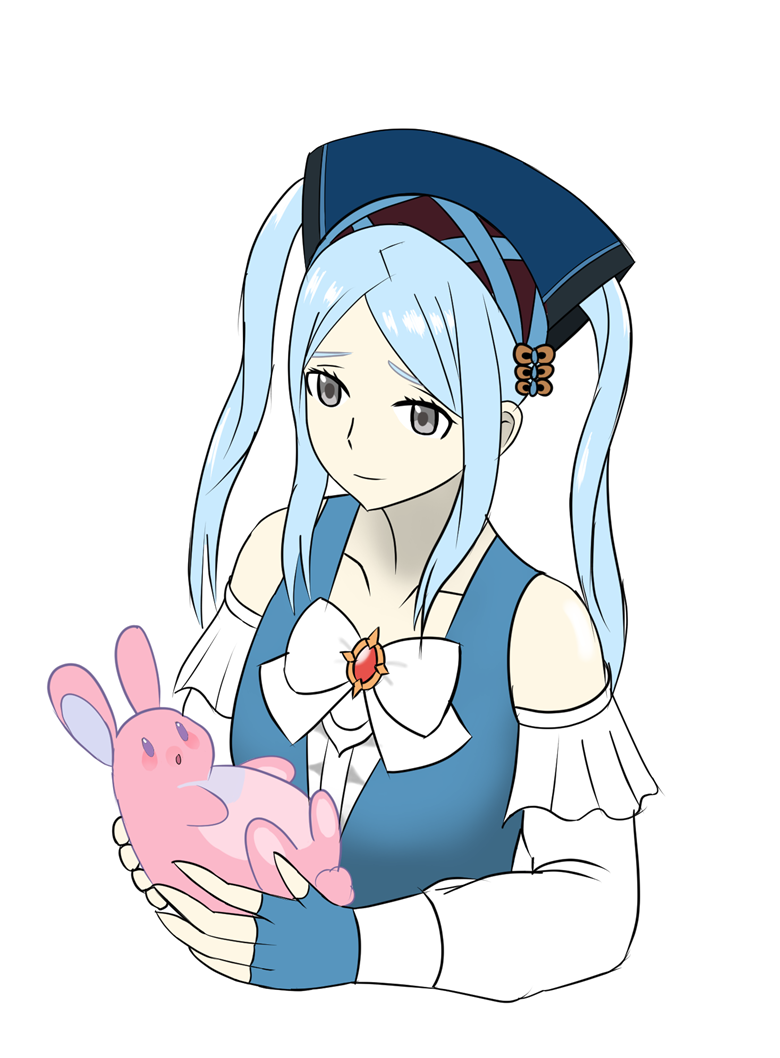 1girl, animal, blue_gloves, blue_hair, commission, fingerless_gloves, fire_emblem, fire_emblem_fates, fire_emblem_heroes, flora_(fire_emblem), flora_(picnic)_(fire_emblem), gloves, grey_eyes, holding, holding_animal, holding_rabbit, ko-fi_commission, long_hair, long_sleeves, official_alternate_costume, rabbit, selhelm, twintails