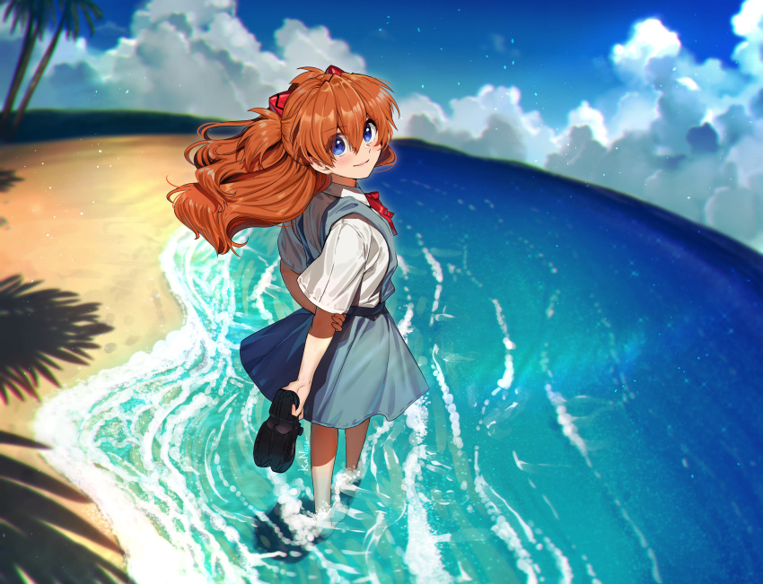 1girl, absurdres, barefoot, beach, black_shoes, blue_eyes, blue_sky, clouds