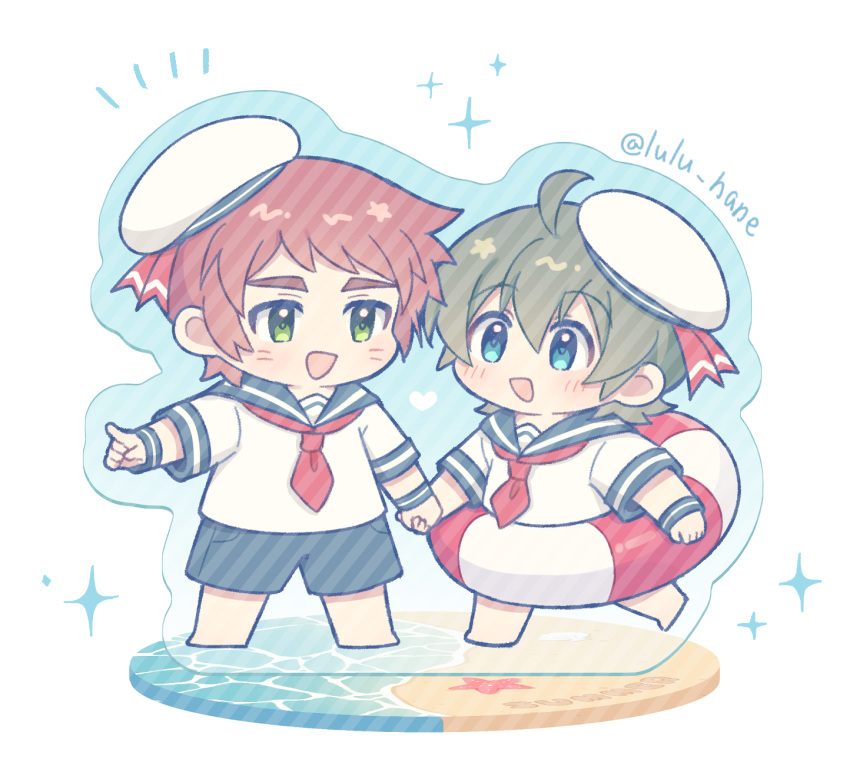 2boys, acrylic_paint_(medium), ahoge, beach, blue_eyes, chibi, chibi_only, digimon, digimon_universe:_appli_monsters, green_eyes, green_hair, hat, highres, holding_hands, looking_at_another, lulu_hane, male_focus, multiple_boys, neckerchief, ocean, open_mouth, ozora_yujin, painting_(medium), red_hair, sailor, sailor_collar, sailor_hat, sailor_shirt, sand, shinkai_haru, shirt, shorts, simple_background, smile, sparkle, starfish, traditional_media, white_background, white_hat