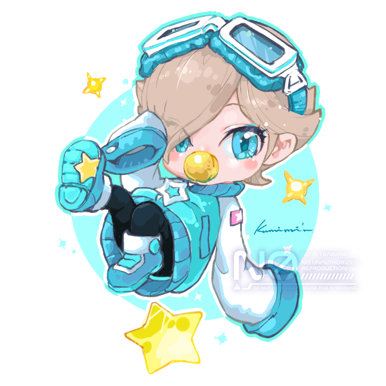 1girl, baby, baby_rosalina, baby_rosalina_(touring), black_pants, blonde_hair, blue_eyes, blue_shoes, blush_stickers, commentary_request, eyes_visible_through_hair, full_body, goggles, goggles_on_head, jacket, kosuga_kumi, long_sleeves, looking_at_viewer, mario_kart, mario_kart_world, pacifier, pants, rosalina, shoes, short_hair, signature, sleeves_past_fingers, sleeves_past_wrists, solo, super_mario_bros., watermark