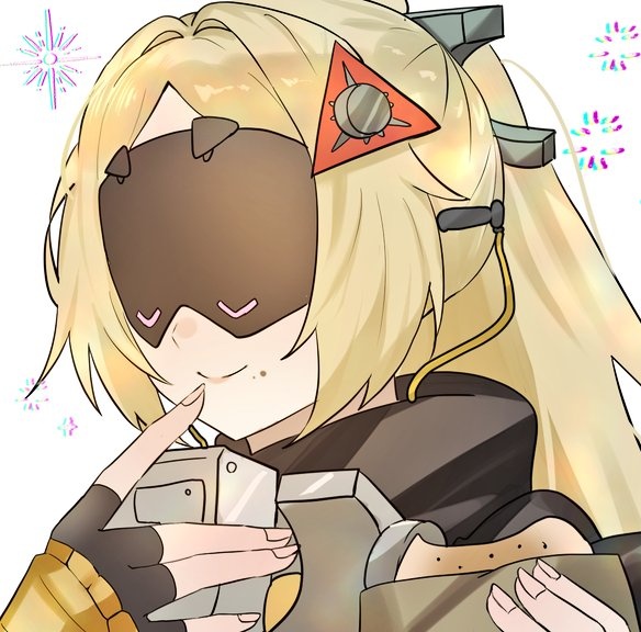 1girl, black_gloves, black_shrug, blindfold_mask, blonde_hair, closed_mouth, covered_eyes, finger_to_mouth