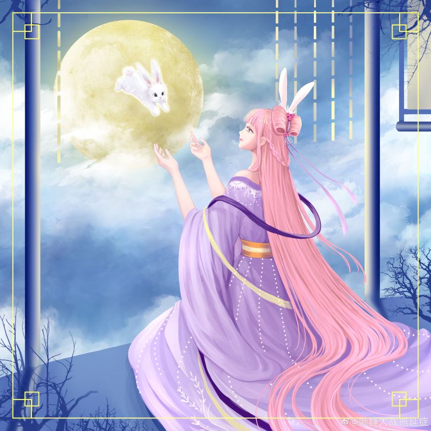 absurdly_long_hair, absurdres, animal_ears, bare_shoulders, bare_tree, blue_sky, bow-shaped_hair, brown_eyes, chinese_commentary, clouds, cloudy_sky, commentary_request, faint_moon_dew_(shining_nikki), fake_animal_ears, from_behind, hair_bun, hanging_scroll, highres, kneeling, lanjing_dazhan_tuoyan_zheng, long_hair, long_sleeves, looking_at_animal, nape_braid, night, nikki_(nikki), nikki_(series), outdoors, picture_frame, pillar, pink_hair, pointy_nose, purple_hanfu, rabbit, rabbit_ears, scroll, shining_nikki, single_hair_bun, sky, tree, very_long_hair, wavy_hair, wide_sleeves