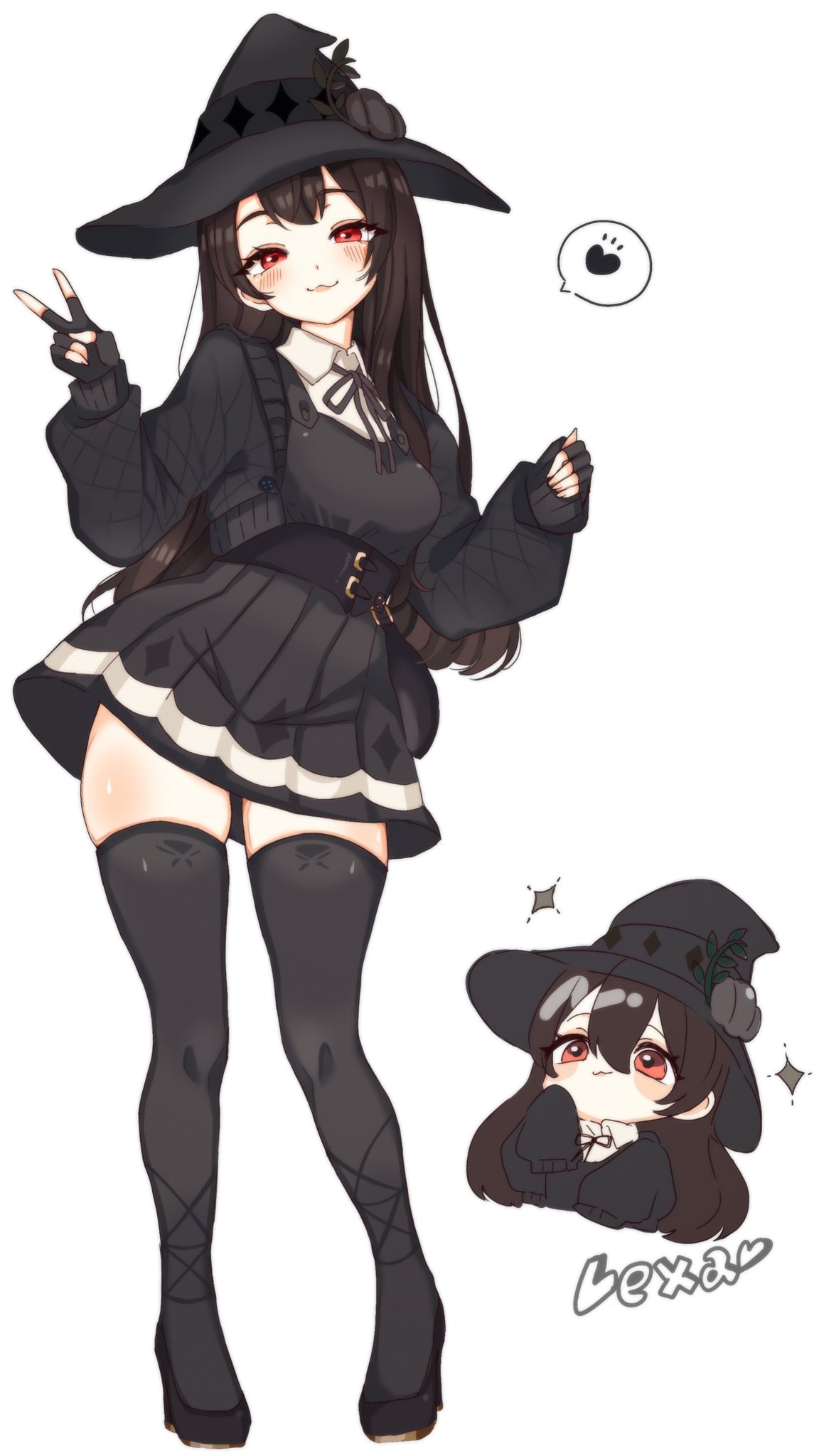 1girl, :3, bag, belt, black_bag, black_hair, black_ribbon, black_skirt, black_sweater, blush, character_name, chibi, chibi_inset, dot_nose, fingerless_gloves, fortnite, full_body, gloves, goth_fashion, hat, heart, high_heels, highres, kurerin, lexa_(fortnite), lexa_hexbringer, lexa_hexbringer_(niteshade), looking_at_viewer, official_alternate_costume, pumpkin_hat_ornament, quilted_jacket, red_eyes, ribbon, simple_background, skirt, sleeves_past_fingers, sleeves_past_wrists, smile, solo, sparkle, spoken_paw_print, sweater, thigh-highs, thigh_gap, v, white_background, wing_collar, witch, witch_hat, zettai_ryouiki