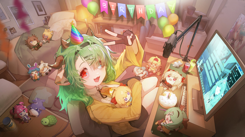 1girl, :d, absurdres, animal_ears, aquwa, balloon, bed, bell