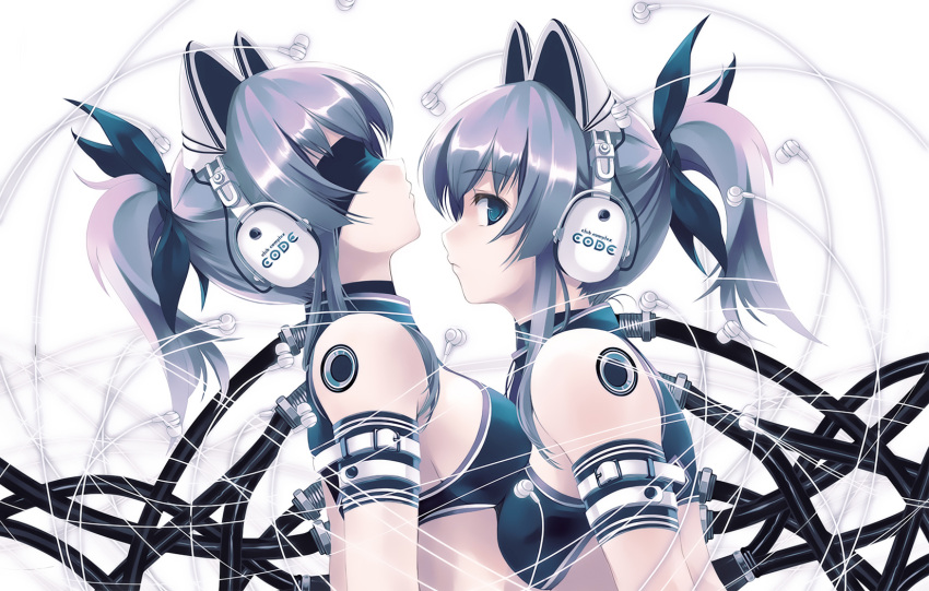 animal_ears, black_eyes, exit_tunes, grey_hair, headphones, misaki_kurehito, ponytail, ribbon