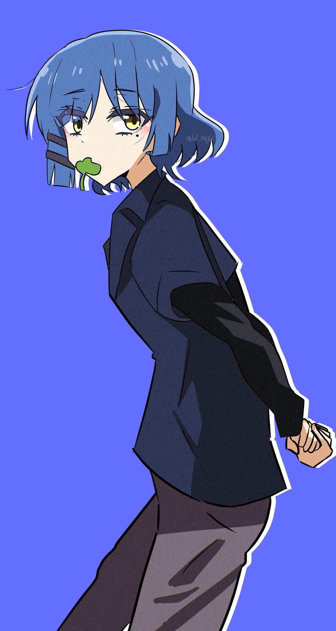 1girl, arm_behind_back, black_shirt, blue_background, blue_hair, bocchi_the_rock!, cowboy_shot, from_side