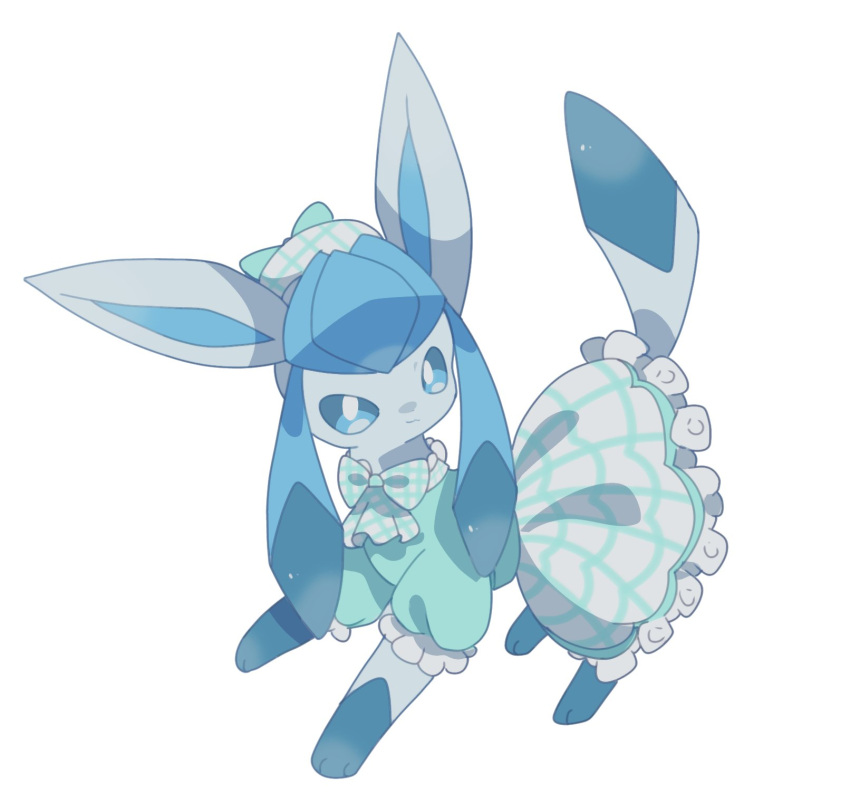 blue_eyes, closed_mouth, commentary_request, dress, frills, glaceon, glaceon_(checkered), highres