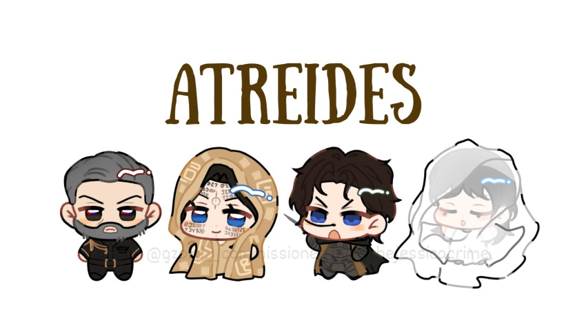 2boys, 2girls, alia_atreides, black_hair, blue_eyes, chibi, chibi_only, closed_mouth