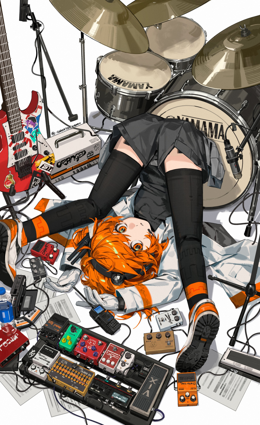 1girl, absurdres, adachi_rei, black_shirt, black_shorts, black_thighhighs, bottle, cable, cassette_player, cassette_tape, curantohashdash, cymbals, drum, drum_set, effects_pedal, electric_guitar, gloves, guitar, hair_between_eyes, hatsune_miku, headset, highres, instrument, jacket, kasane_teto, long_sleeves, looking_at_viewer, microphone, microphone_stand, open_clothes, open_jacket, orange_amps, orange_eyes, orange_hair, paper, parted_lips, pearto, pedal_board, phone, plastic_bottle, radio_antenna, shirt, shoe_soles, shoes, shorts, sneakers, solo, sticker, thigh-highs, twitter_username, utane_uta, utau, vocaloid, water_bottle, white_background, white_gloves, white_jacket, yamaha
