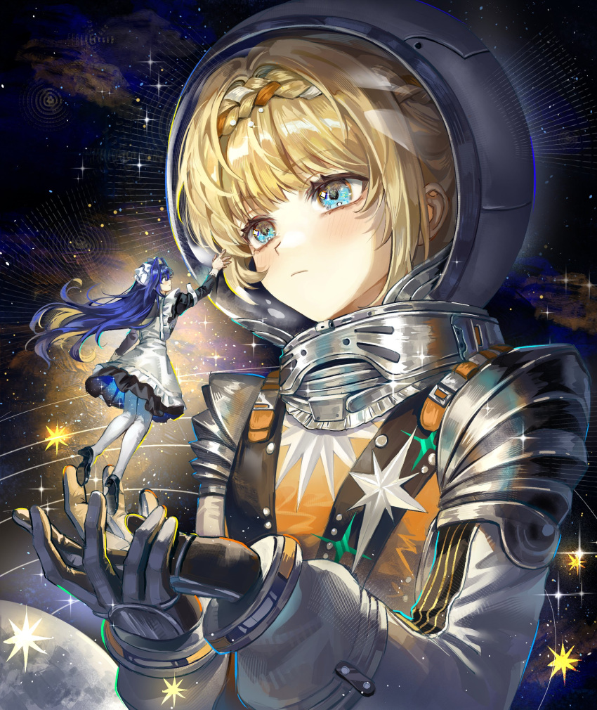 2girls, absurdres, apron, arm_up, astronaut, black_dress, black_shoes, blonde_hair