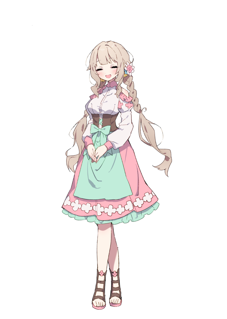 1girl, :d, ^_^, apron, bisty_(forestia), blue_apron, blue_bow, blunt_bangs