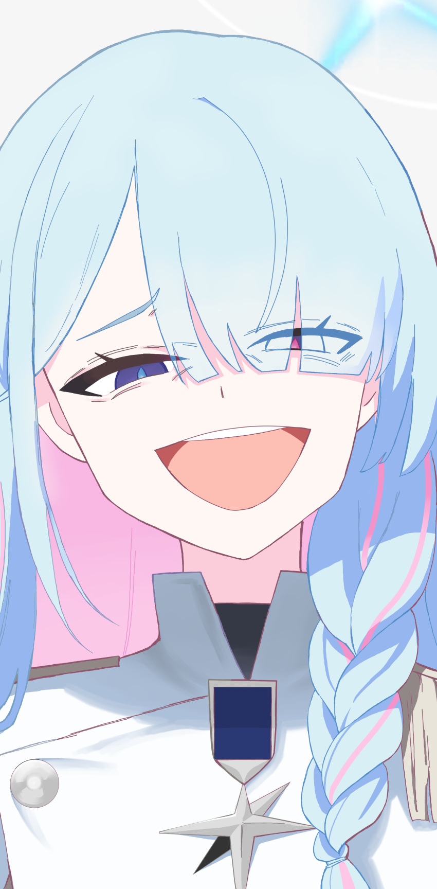 1girl, absurdres, aiguillette, blue_archive, blue_hair, blue_halo, braid, colored_inner_hair, commentary_request, general_student_council_president_(blue_archive), hair_over_one_eye, halo, highres, how'd_you_know_(jujutsu_kaisen)_(meme), jacket, long_hair, looking_at_viewer, maro4ka, medal, meme, multicolored_hair, open_mouth, parody, pink_hair, red_streaks, removing_wig, single_hair_streak, smile, solo, streaked_hair, teeth, two-tone_hair, upper_teeth_only, very_long_hair, white_jacket