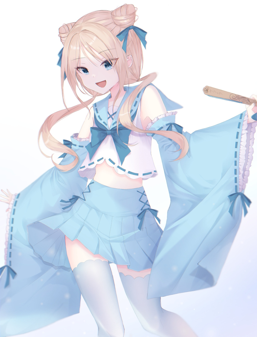 1girl, :d, aei_jiei, blonde_hair, blue_background, blue_eyes, blue_neckerchief, blue_sailor_collar