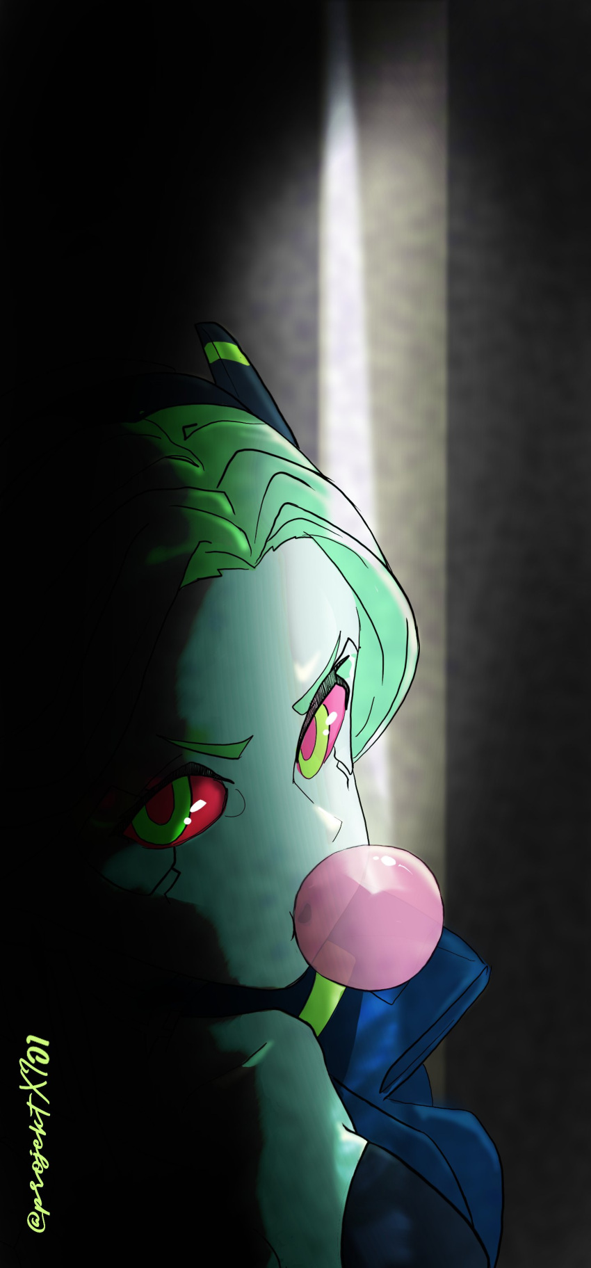 1girl, absurdres, chewing_gum, colored_skin, cyberpunk_(series), green_hair, green_skin, highres