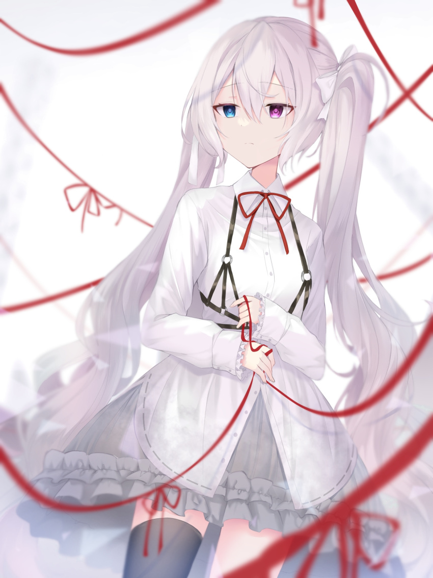1girl, 25-ji_miku, 25-ji_nightcord_de._(project_sekai), aei_jiei, averting_eyes, black_thighhighs, blue_eyes, chest_strap