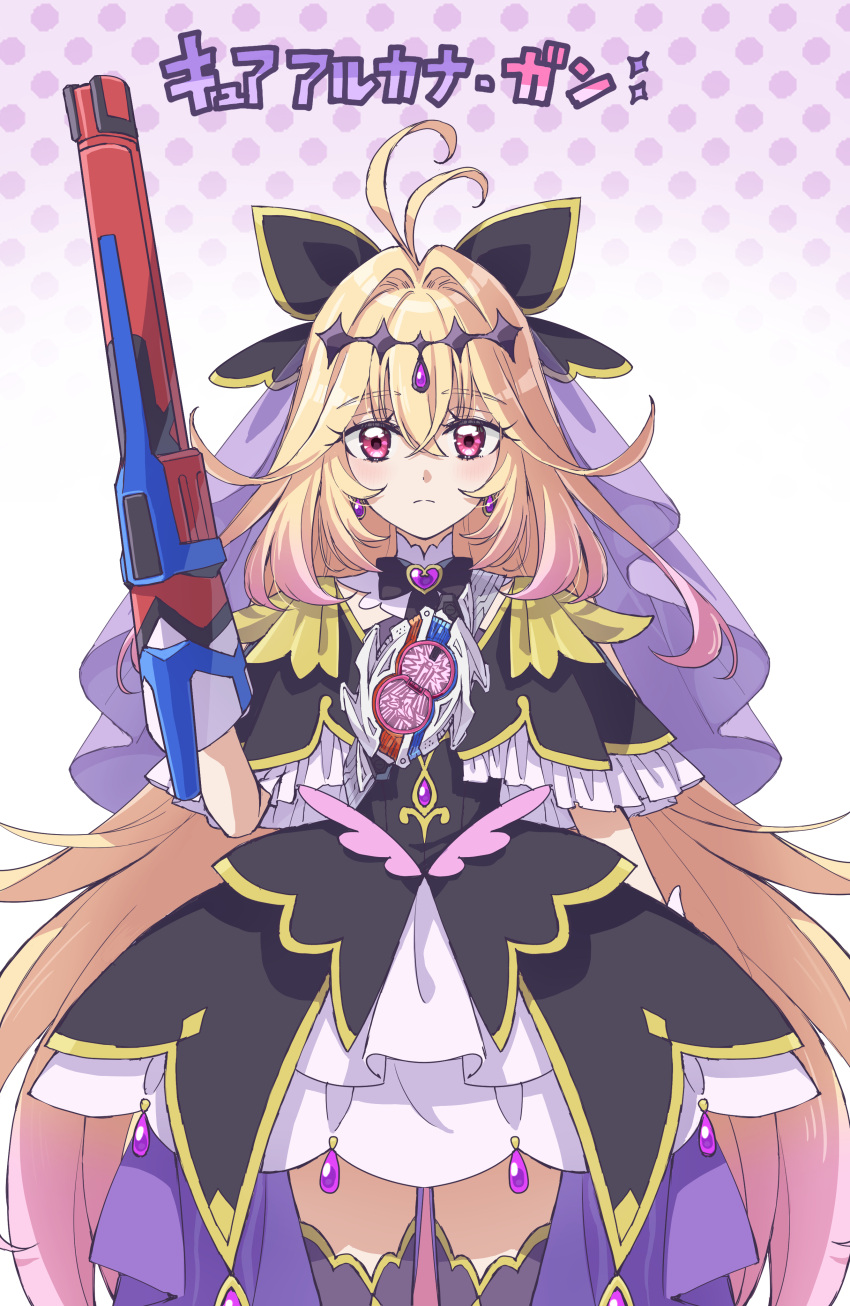 1girl, absurdres, antenna_hair, black_capelet, black_dress, black_thighhighs, blonde_hair, capelet