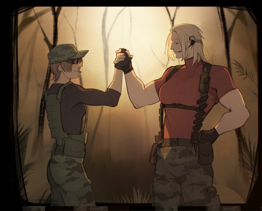 2girls, aksakajay, black_gloves, blonde_hair, breasts, brown_hair, camouflage, camouflage_pants