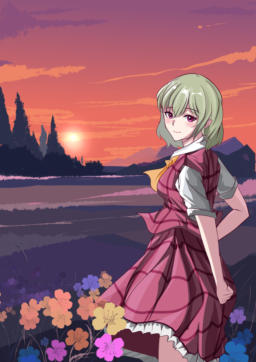 1girl, absurdres, ascot, dxt, evening, flower, forest, green_hair