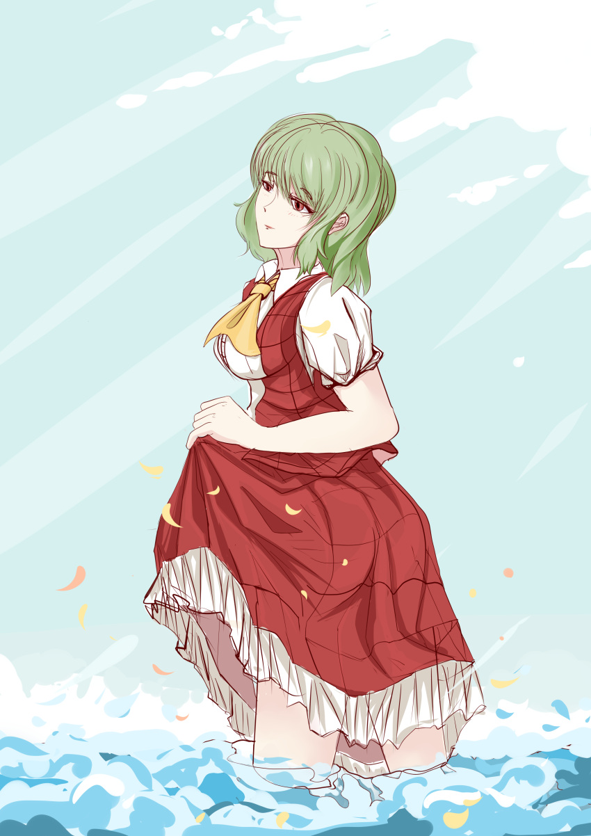 1girl, absurdres, ascot, clothes_lift, commentary, dxt, green_hair, highres