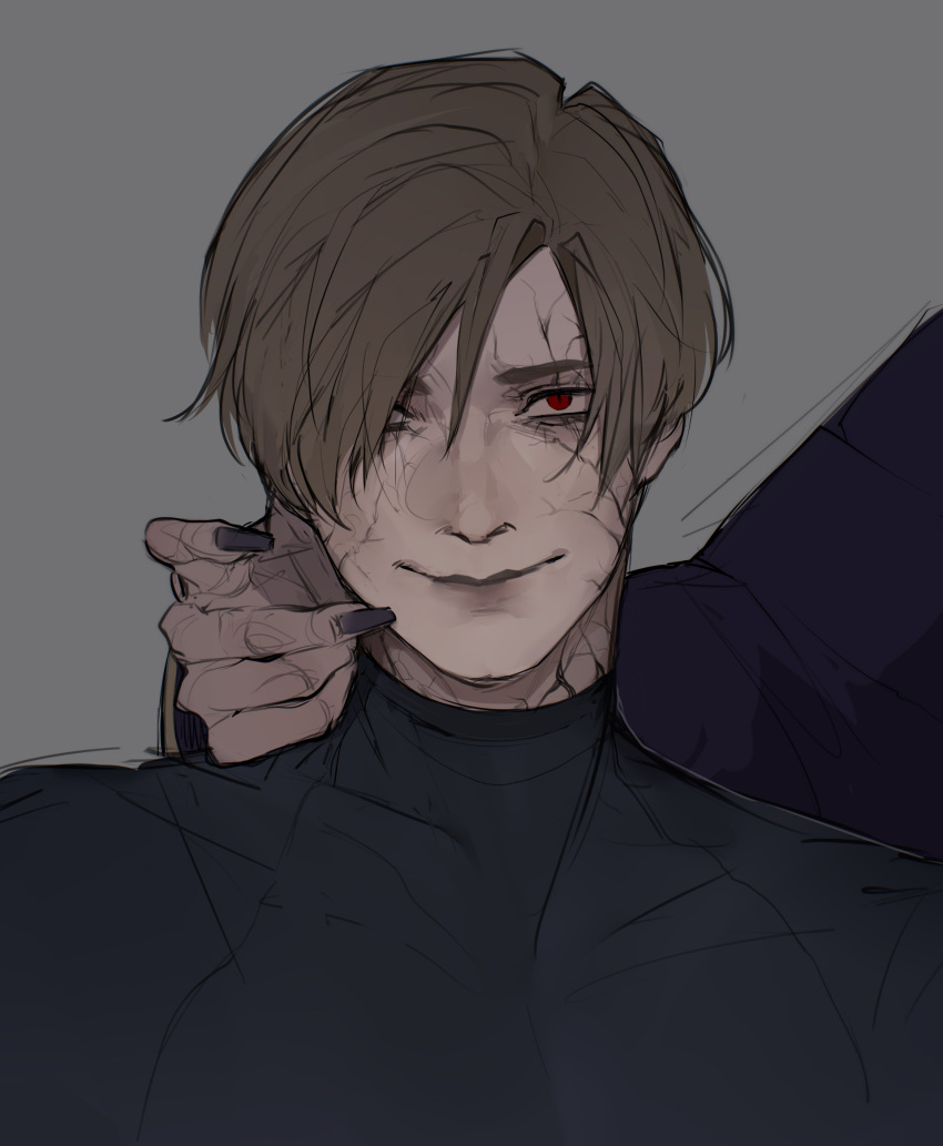 2boys, absurdres, aksakajay, black_nails, black_shirt, brown_hair, character_request, check_character