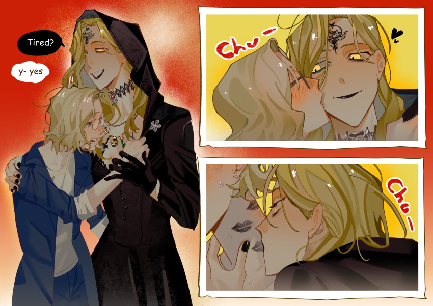 2girls, auks0rnn, bela_dimitrescu, black_cloak, black_dress, black_gloves, black_lips, black_nails, blonde_hair, blue_jacket, bob_cut, cloak, dress, english_text, facial_mark, forehead_mark, gloves, grace_ashcroft, hand_on_another's_back, hand_on_another's_wrist, height_difference, highres, hood, hood_up, hooded_cloak, jacket, jewelry, kiss, lipstick_mark, lipstick_mark_on_neck, messy_hair, multiple_girls, multiple_views, necklace, resident_evil, resident_evil_requiem, shirt, short_hair, single_glove, white_shirt, yuri
