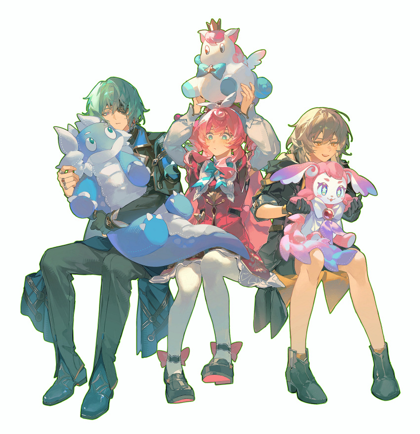 1boy, 2girls, absurdres, anaxa_(honkai:_star_rail), aqua_eyes, aqua_hair, arms_up, black_gloves