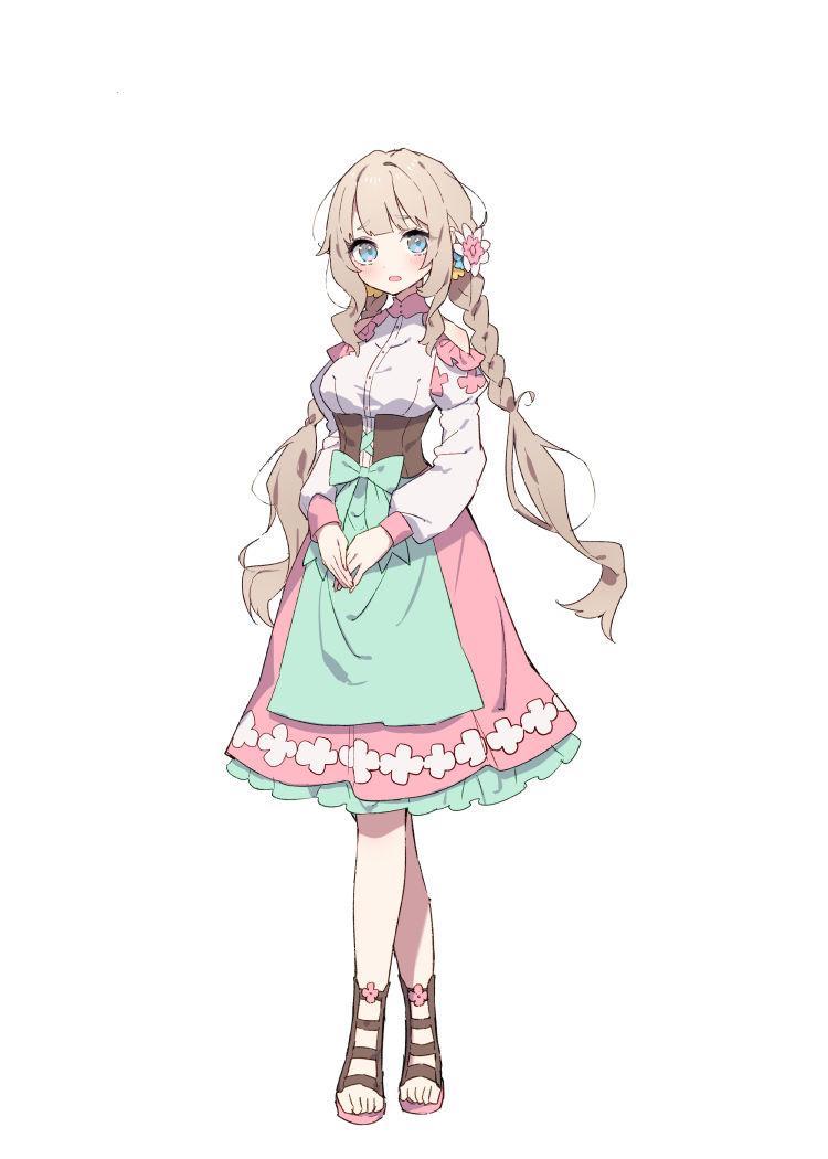 1girl, apron, bisty_(forestia), blue_apron, blue_bow, blue_eyes, blunt_bangs, bow