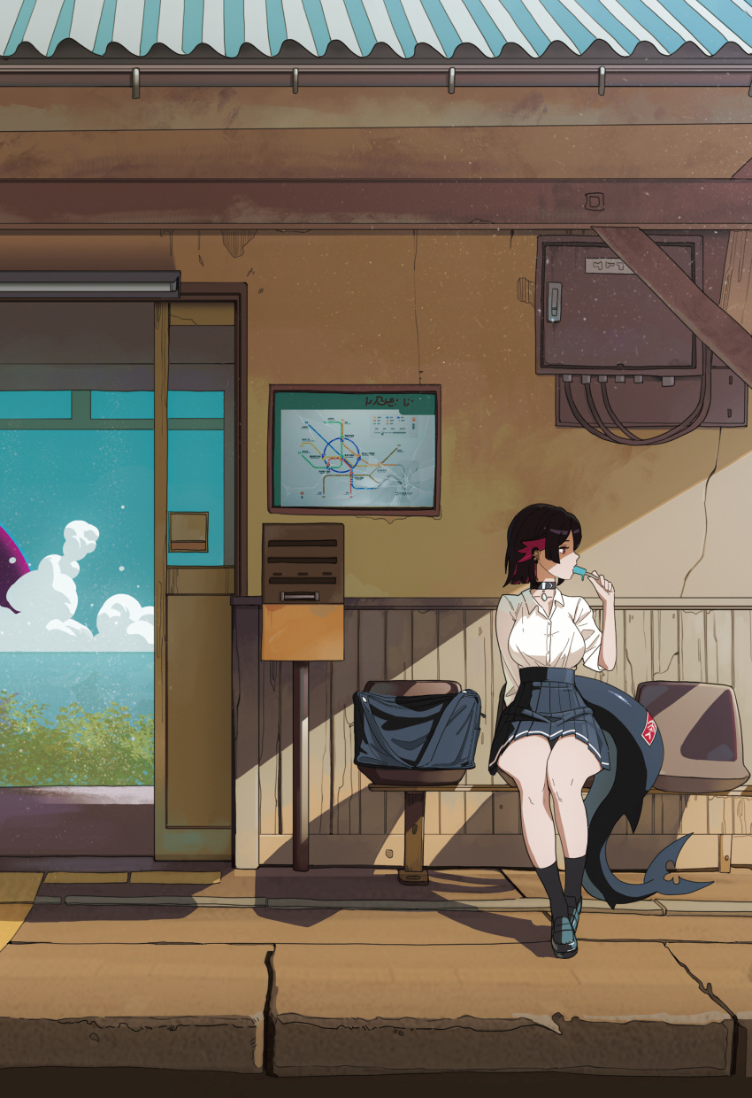 1girl, absurdres, bag, black_choker, black_hair, black_skirt, black_socks, blue_sky