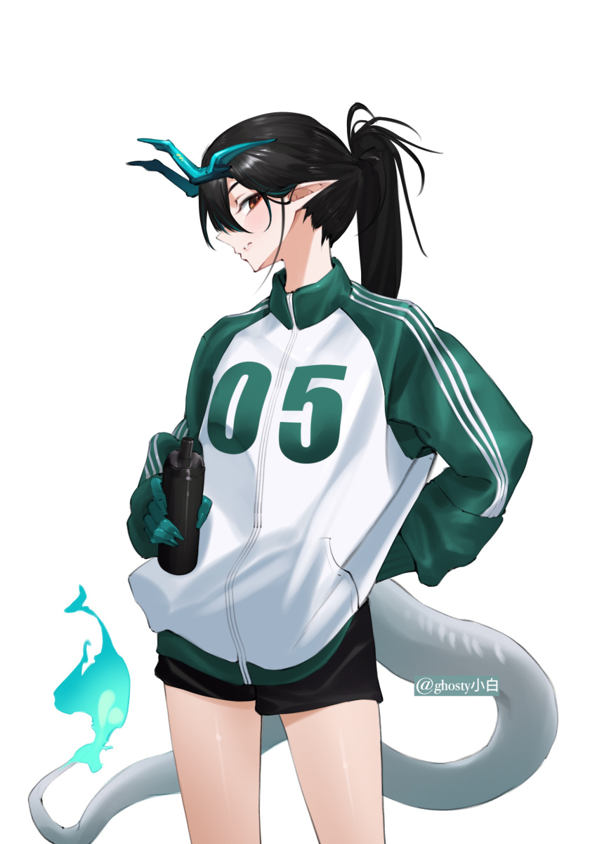 1girl, absurdres, alternate_costume, arknights, arm_behind_back, black_hair, black_shorts, blue_fire