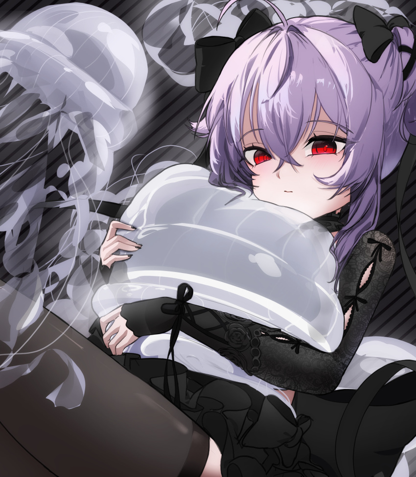 1girl, absurdres, ahoge, animal_hug, blabbit, black_bow, black_dress, black_gloves, black_skirt, black_thighhighs, bow, dress, gloves, goddess_of_victory:_nikke, hair_between_eyes, hair_bow, highres, jellyfish, liberalio_(dreaming_lake)_(nikke), liberalio_(nikke), long_sleeves, official_alternate_costume, purple_hair, red_eyes, short_hair_with_long_locks, skirt, solo, thigh-highs
