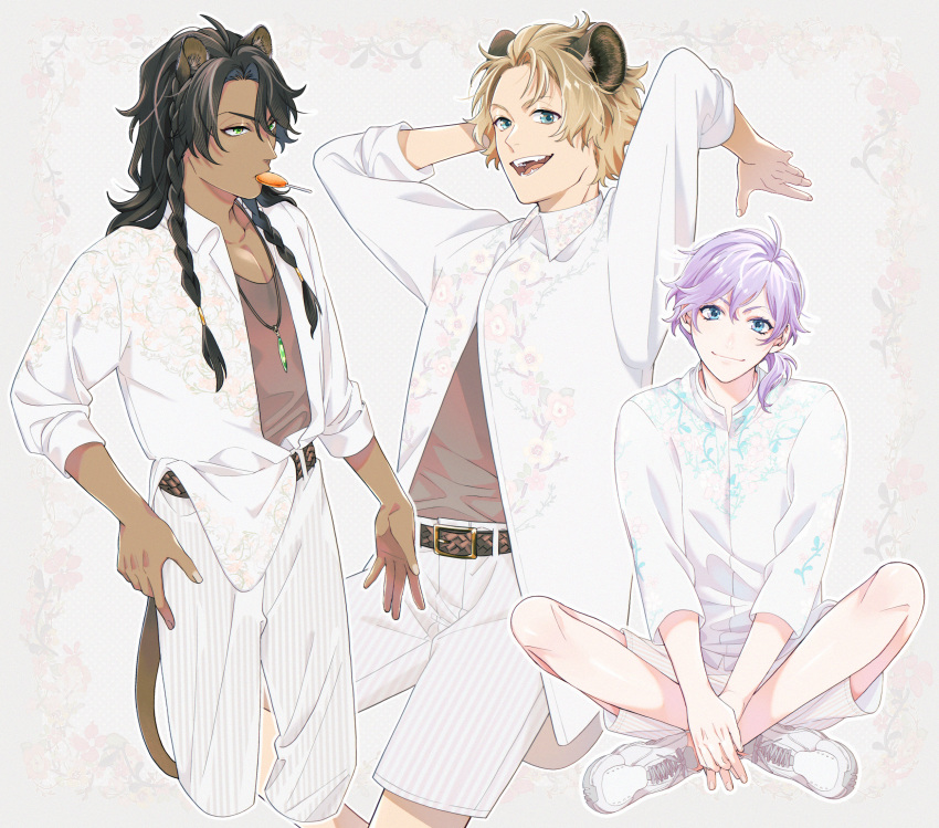 3boys, animal_ears, arms_up, black_hair, blonde_hair, blue_eyes, braid, brown_shirt