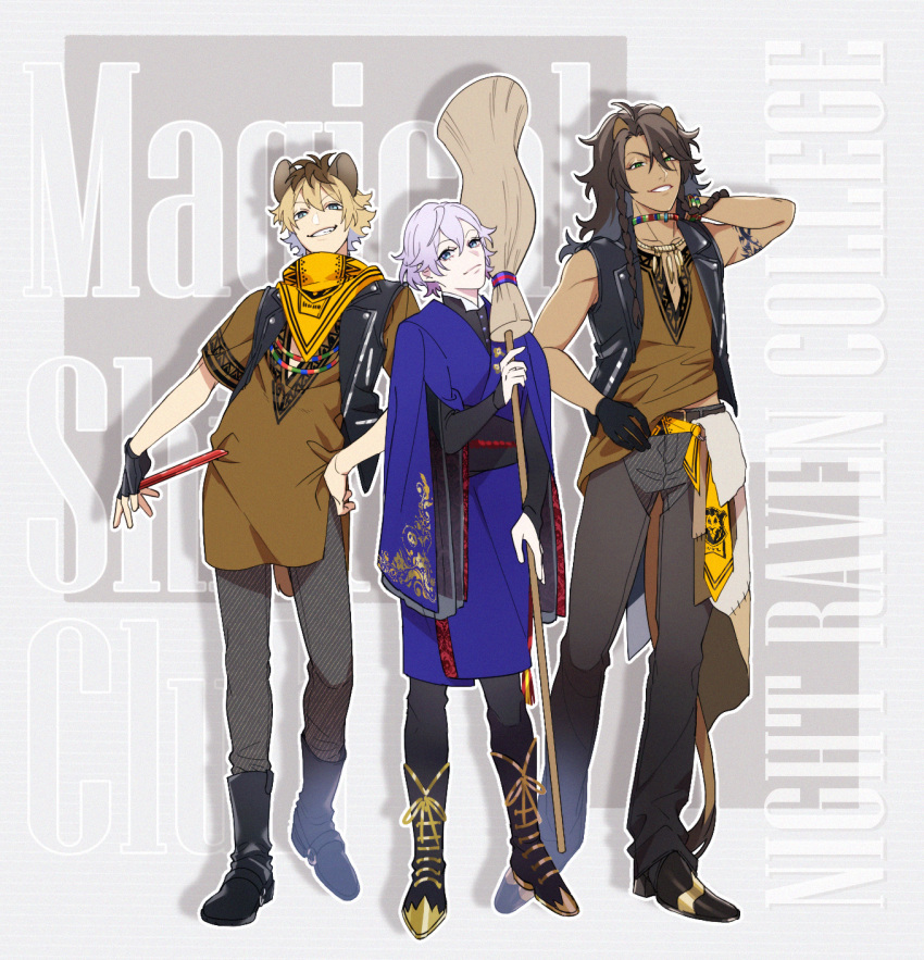 3boys, animal_ears, arm_behind_head, bandana, bandana_around_neck, black_gloves, black_jacket, blonde_hair