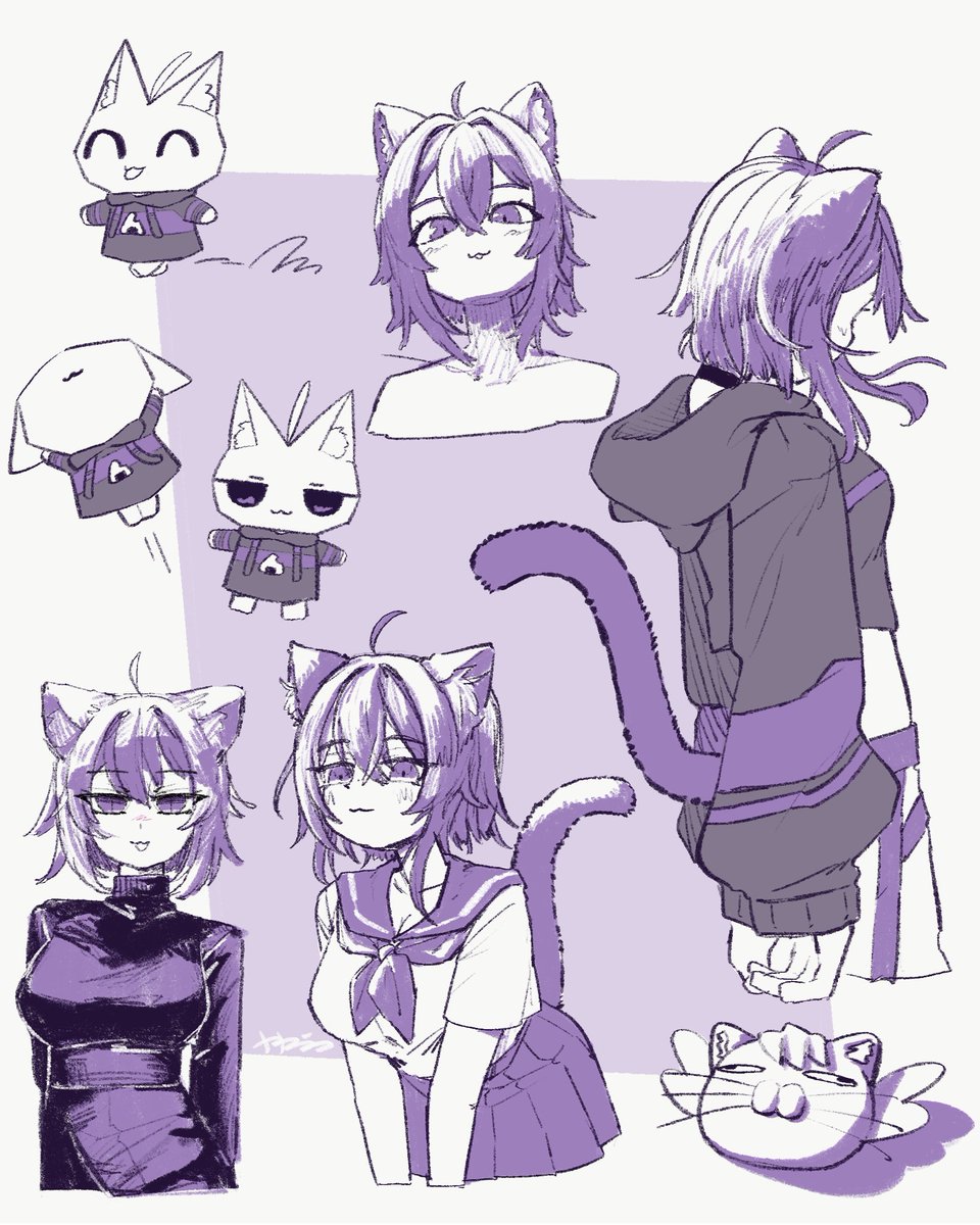 1girl, :3, ahoge, animal_ears, ascot, cat_ears, cat_girl, cat_tail, chibi, commentary, highres, hololive, jumping, monochrome, motion_lines, multiple_views, nanamini_7732, nekomata_okayu, nekomata_okayu_(1st_costume), school_uniform, serafuku, simple_background, slit_pupils, sweater, tail, turtleneck, turtleneck_sweater, virtual_youtuber, whiskers