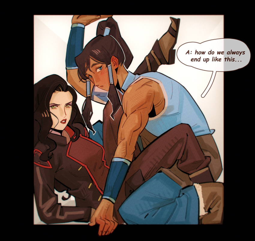 2girls, absurdres, asami_sato, avatar_legends, black_hair, blue_eyes, blue_shirt, brown_hair