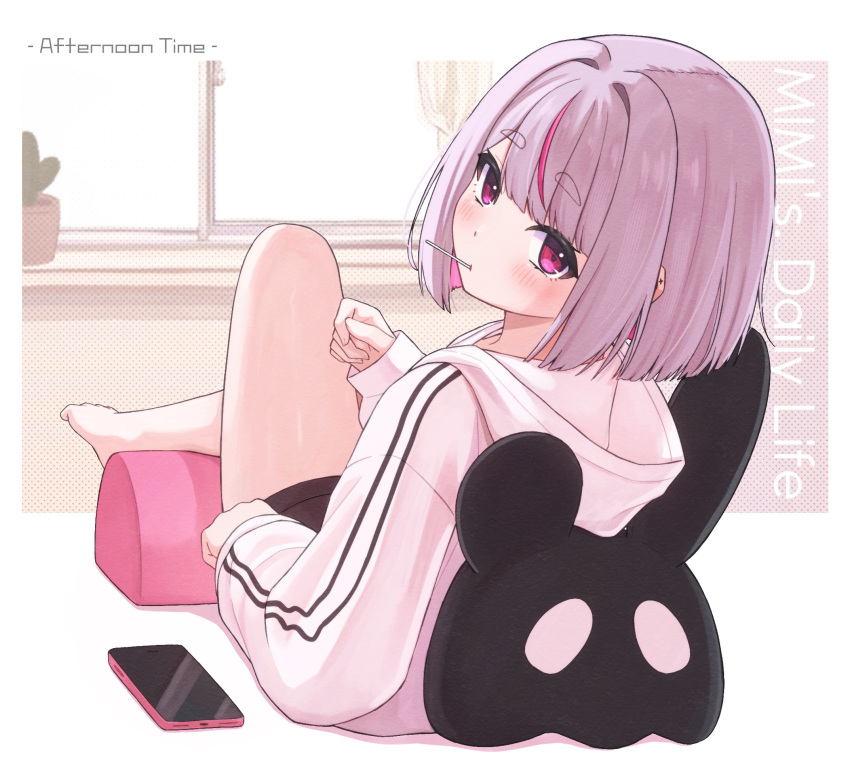 1girl, anku, barefoot, blush, candy, cellphone, colored_inner_hair, commentary_request