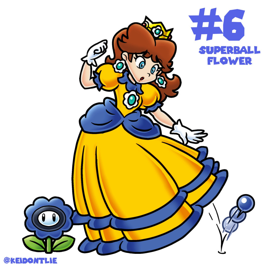 1girl, blue_eyes, brooch, brown_hair, commentary, crown, dress, earrings, english_commentary, flower_brooch, flower_earrings, frilled_gloves, frills, gloves, gown, highres, jewelry, keidontlie, medium_hair, nakaue_shigehisa_(style), pointed_crown, princess, princess_daisy, puffy_sleeves, short_sleeves, simple_background, solo, sphere_earrings, super_mario_bros., superball_flower, white_background, white_gloves, yellow_dress