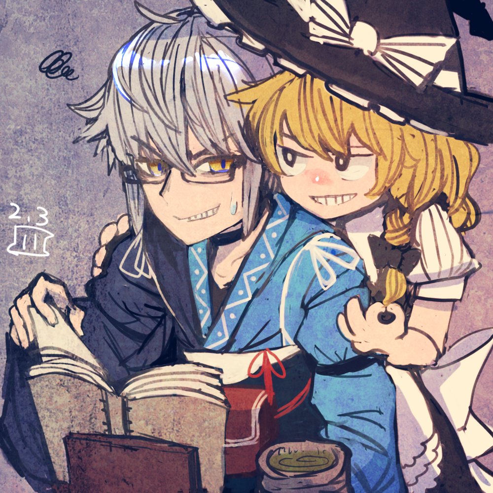 1boy, 1girl, ahoge, alcohol, apron, back_bow, black_dress, blonde_hair, book, bow, braid, choker, choko_(cup), clenched_teeth, collar, commentary_request, cup, dress, glasses, grey_hair, grid_teeth, grin, hair_ribbon, hand_on_book, hat, hat_ribbon, kirisame_marisa, looking_at_another, maaru_(akira428), morichika_rinnosuke, ok_sign, puffy_short_sleeves, puffy_sleeves, ribbon, ribbon_braid, sake, sash, short_hair, short_sleeves, single_braid, smile, sweatdrop, teeth, touhou, two-tone_kimono, white_apron, witch_hat, yellow_eyes